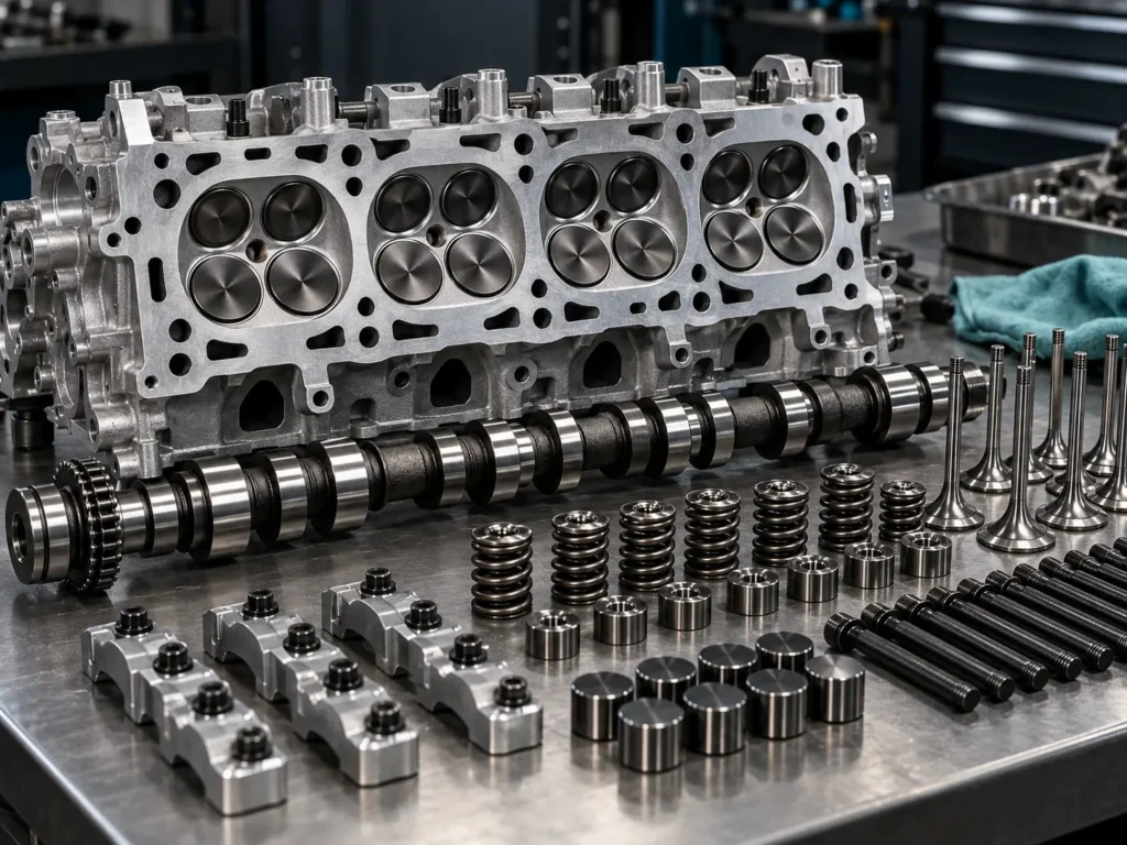 Variklio galvutė ir tiksliai išdėstyti mechaniniai komponentai.